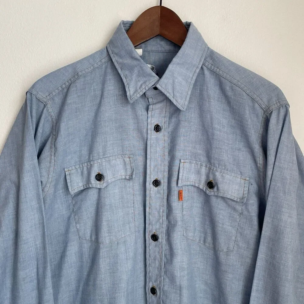 VTG 70s Levi’s Chambray Orange Tab Men’s Work Shirt Sky Blue Cotton Blend Large